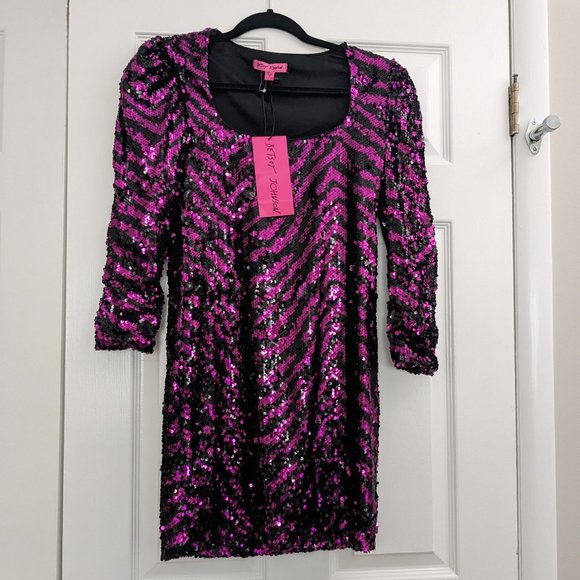 Betsey Johnson Fuchsia Black Striped Sequin Mini Dress NWT Small - Picture 2 of 5